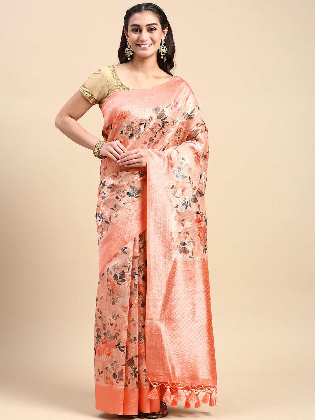  Semi Linen Printed Embroidery Sarees