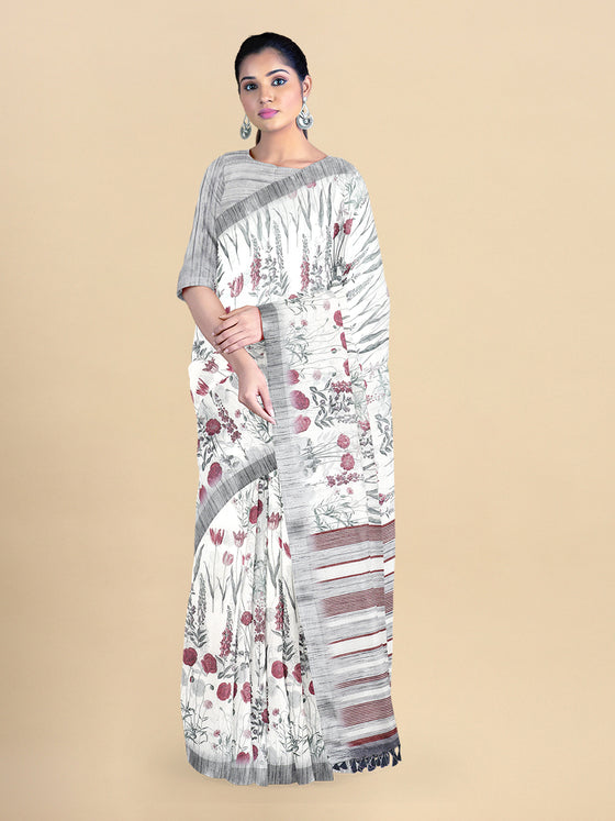 Semi Cotton Grey Flower Printed Saree CPS25