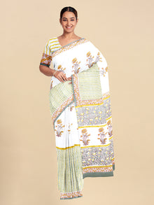  Pure Cotton White & Green Flower Printed Saree PCS30