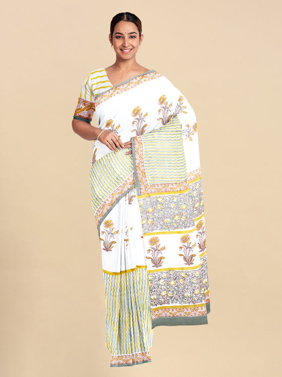 Pure Cotton White & Green Flower Printed Saree PCS30