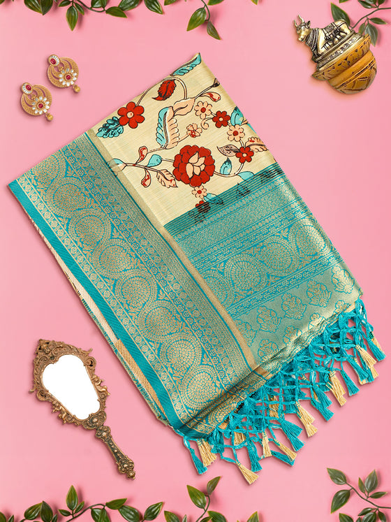 Women Sandal & Green Floral Printed Dola Silk Saree DSP01