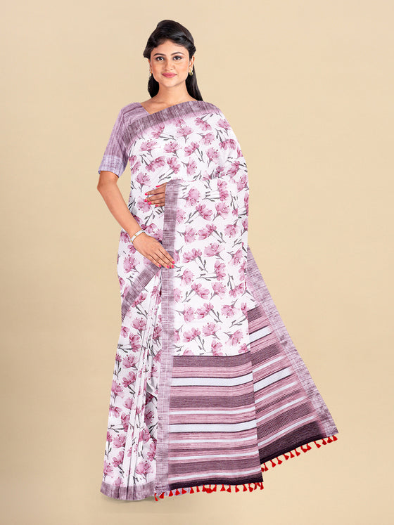 Semi Cotton White & Pink Colour Flower Printed Saree CPS35