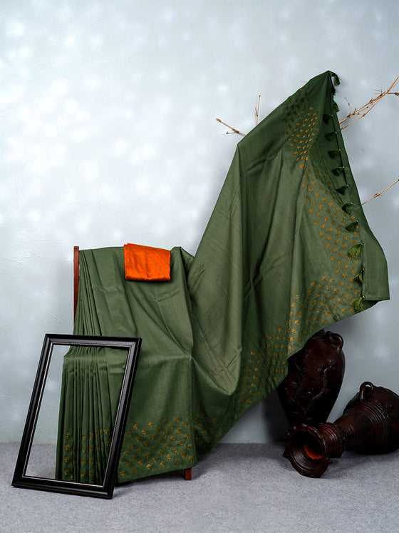 Semi Tussar Flower Embroidery Green Colour Saree ST81