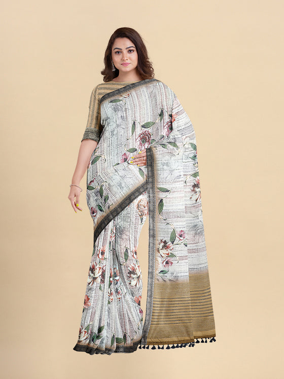 Semi Cotton Grey & Brown Flower Printed Saree CPS31