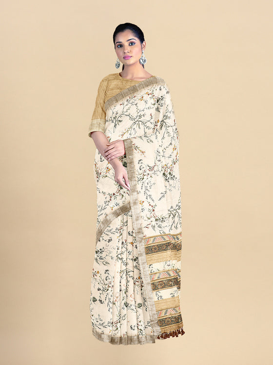 Semi Cotton Sandal & Green Flower Printed Saree CPS19