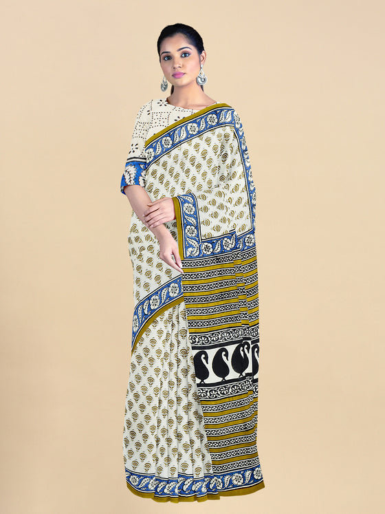 Pure Cotton Sandal & Green Flower Printed Saree PCS27