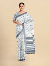 Semi Cotton White & Grey Flower Printed Saree CPS32