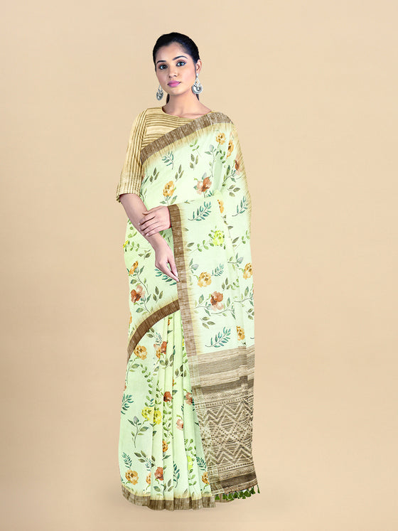 Semi Cotton Sandal & Green Flower Printed Saree CPS24