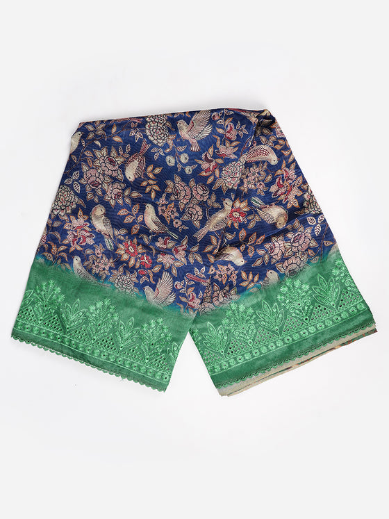 Semi Raw Silk Navy and Sandal Colour Flower Design Printed Saree SRS16