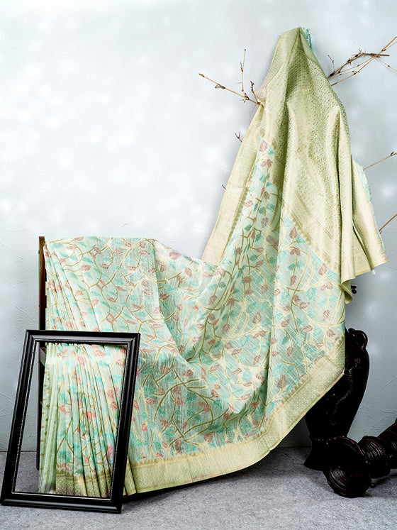 Stylish Leaf Design Sky Blue & Pink  Semi Kora Cotton Saree SK76