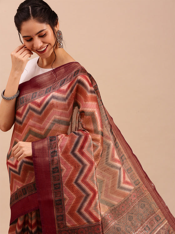 Green with Brown Semi Tussar Printed Saree STP08