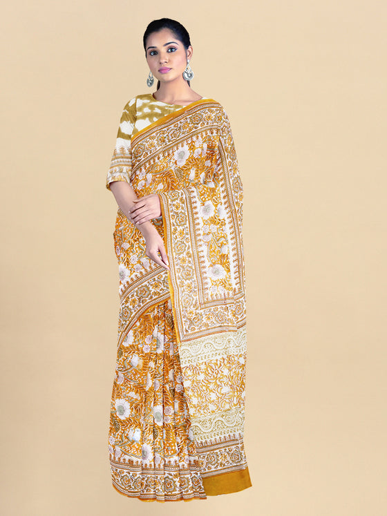 Pure Cotton White & Yellow Flower Printed Saree PCS28