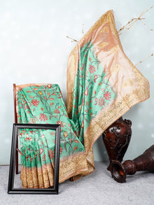  Semi Raw Silk Green and Sandal Colour Flower Design Printed Saree SRS17