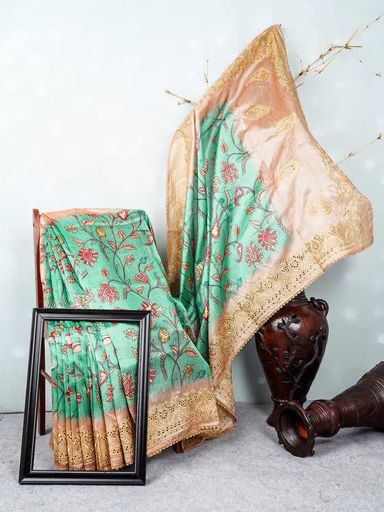 Semi Raw Silk Green and Sandal Colour Flower Design Printed Saree SRS17