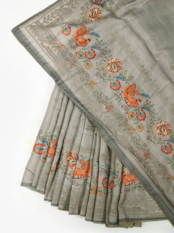 Semi Raw Silk Grey Colour Printed Saree with Embroidered Border SRS15