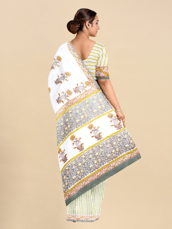Pure Cotton White & Green Flower Printed Saree PCS30