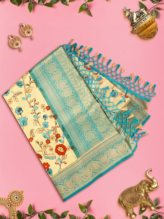 Women Sandal & Green Floral Printed Dola Silk Saree DSP01