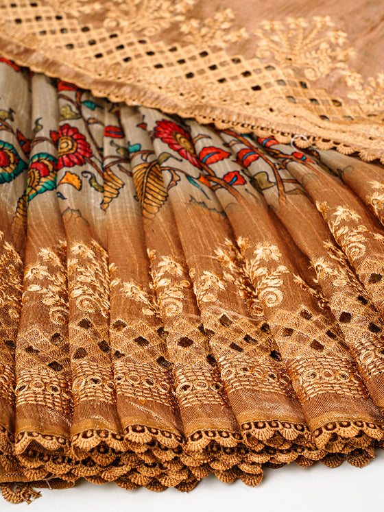 Semi Raw Silk Sandal and Orange Printed Saree with Embroidered Border SRS20
