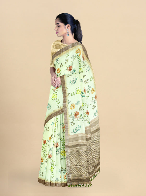 Semi Cotton Sandal & Green Flower Printed Saree CPS24