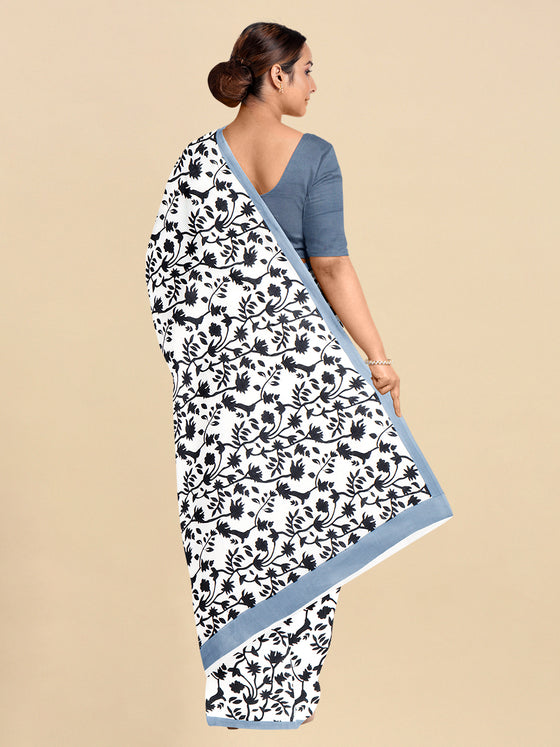 Pure Cotton White & Black Leaf Design Printed Saree PCS45