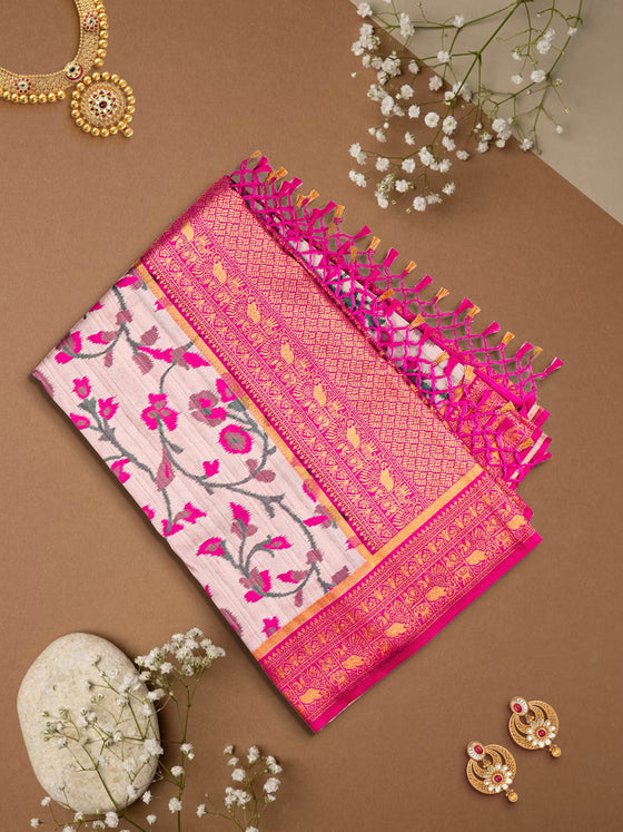 Women Light Brown & Pink Floral Printed Dola Silk Saree DSP03