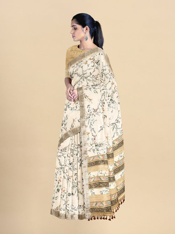 Semi Cotton Sandal & Green Flower Printed Saree CPS19