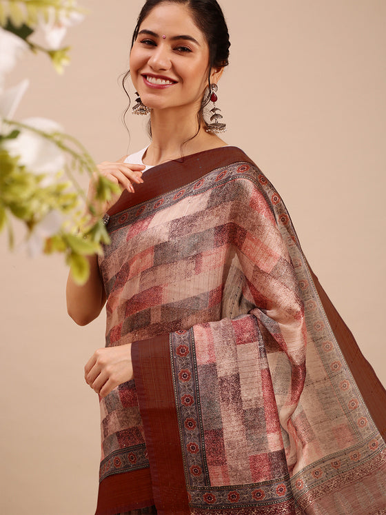 Womens Green with Brown Semi Tussar Printed Saree STP07