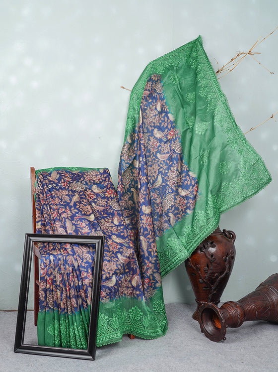 Semi Raw Silk Navy and Sandal Colour Flower Design Printed Saree SRS16