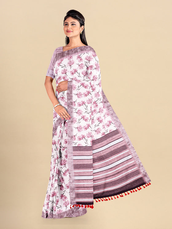 Semi Cotton White & Pink Colour Flower Printed Saree CPS35