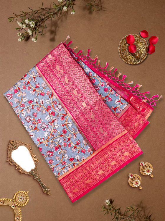 Women Pink & Grey Floral Printed Dola Silk Saree DSP02
