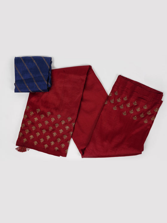 Semi Tussar Flower Embroidery Maroon Colour Saree ST80