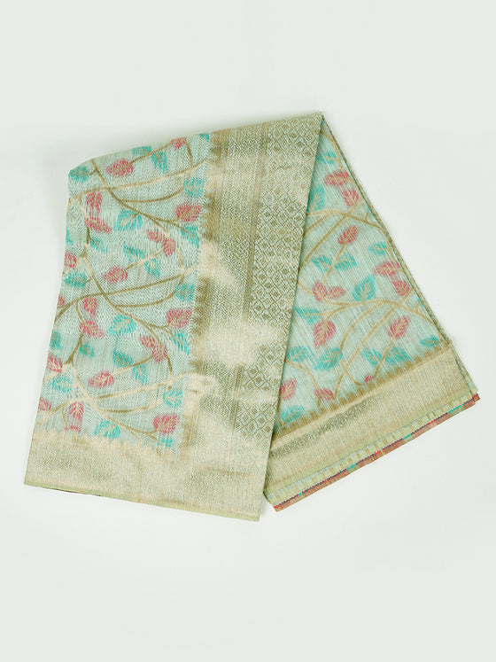 Stylish Leaf Design Sky Blue & Pink  Semi Kora Cotton Saree SK76