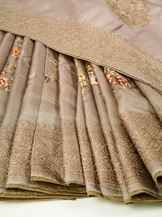Semi Raw Silk Beige Colour Printed Saree with Embroidered Border SRS21