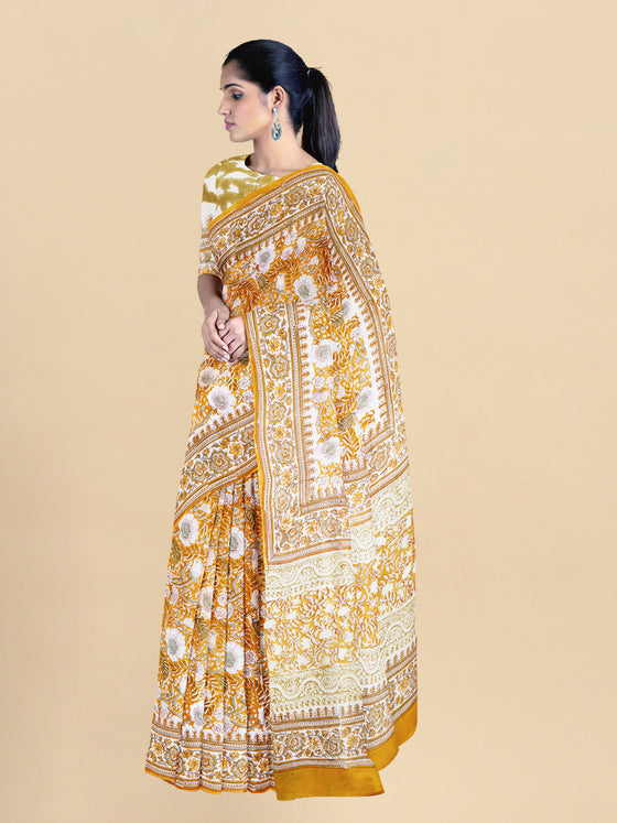 Pure Cotton White & Yellow Flower Printed Saree PCS28