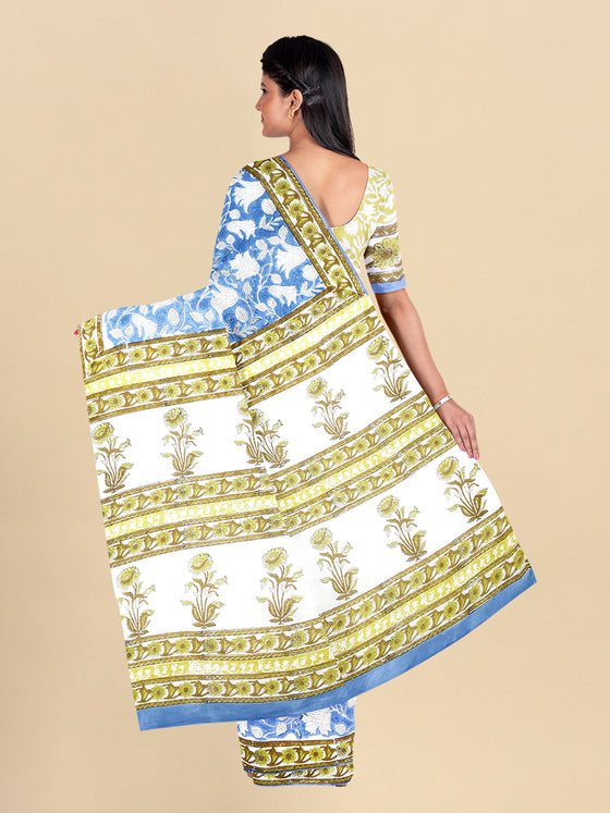 Pure Cotton Blue & Off White Flower Printed Saree PCS31