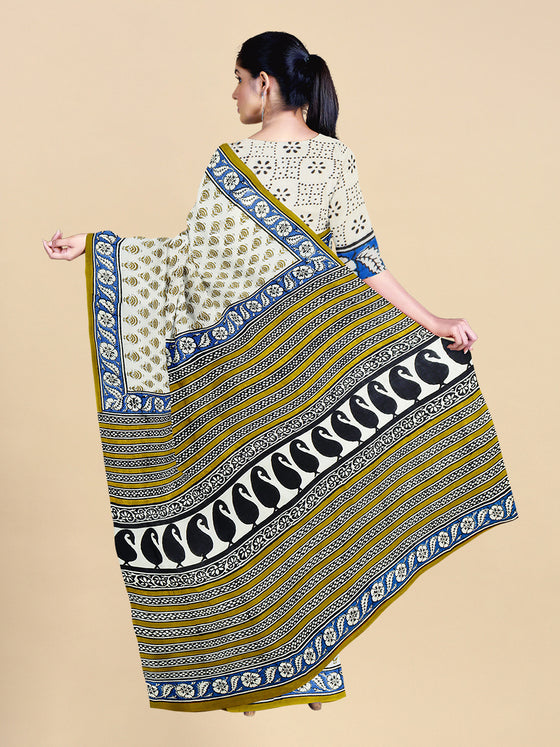 Pure Cotton Sandal & Green Flower Printed Saree PCS27