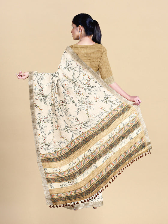 Semi Cotton Sandal & Green Flower Printed Saree CPS19