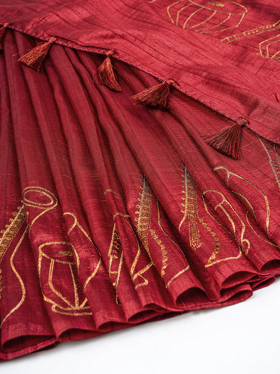 Bhagalpuri Jute Embroidery Saree Maroon BJS34