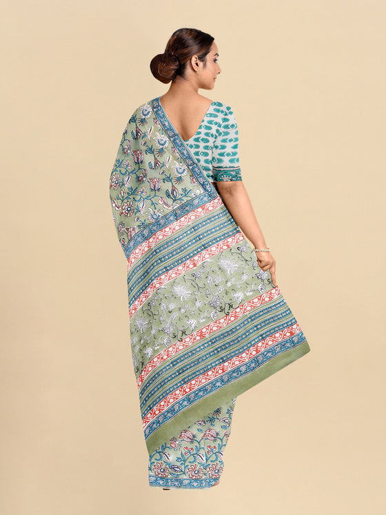 Pure Cotton Green & Orange Flower Printed Saree PCS29