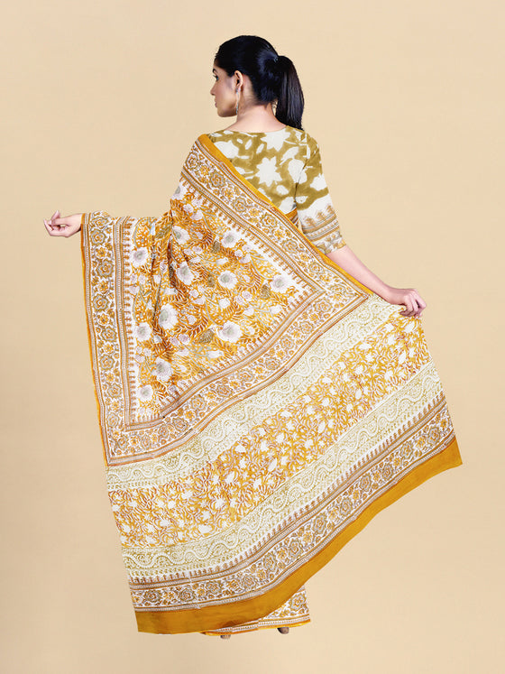 Pure Cotton White & Yellow Flower Printed Saree PCS28
