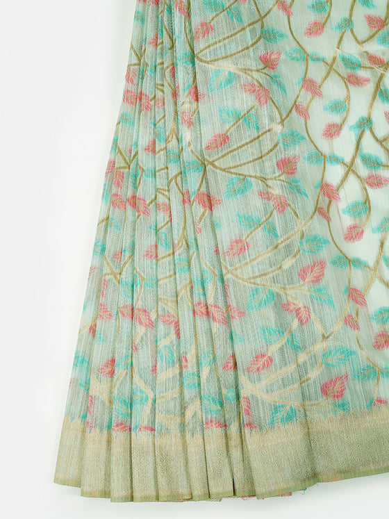 Stylish Leaf Design Sky Blue & Pink  Semi Kora Cotton Saree SK76