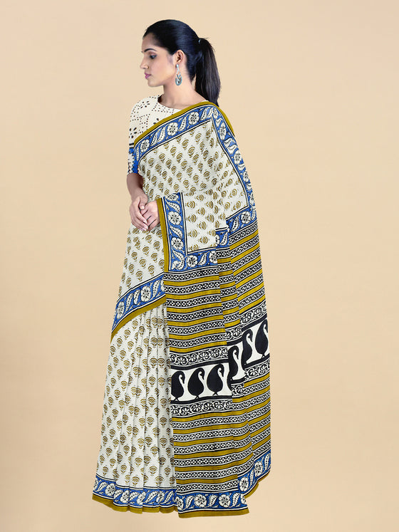 Pure Cotton Sandal & Green Flower Printed Saree PCS27