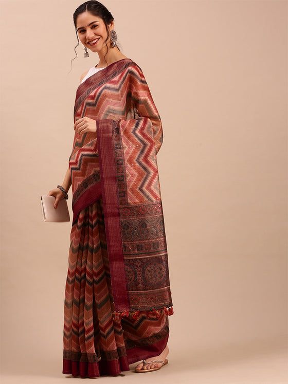 Green with Brown Semi Tussar Printed Saree STP08