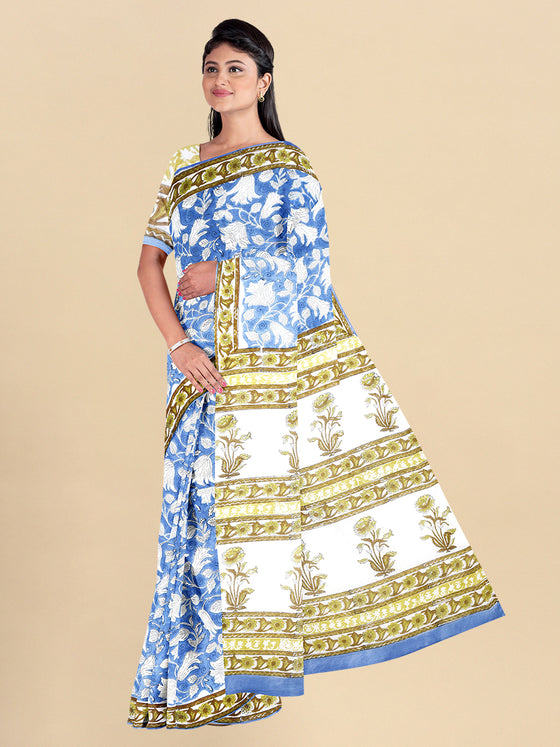 Pure Cotton Blue & Off White Flower Printed Saree PCS31