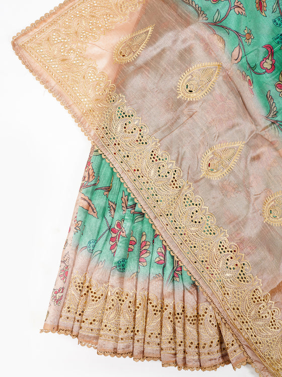Semi Raw Silk Green and Sandal Colour Flower Design Printed Saree SRS17