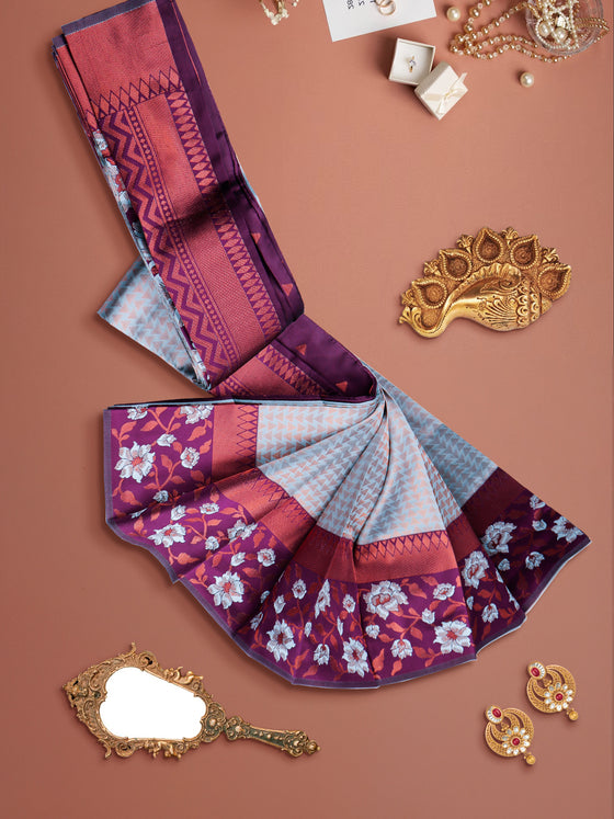 Semi Raw Silk Blue Colour Printed Saree with Contrast Purple Border SRS29