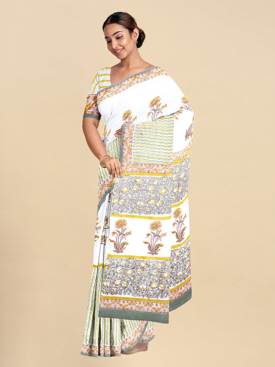 Pure Cotton White & Green Flower Printed Saree PCS30