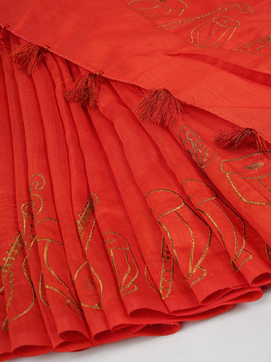 Bhagalpuri Jute Embroidery Saree Dark Orange BJS32