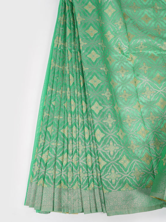 Stylish Flower Design Blue & Sandal Semi Kora Cotton Saree SK73