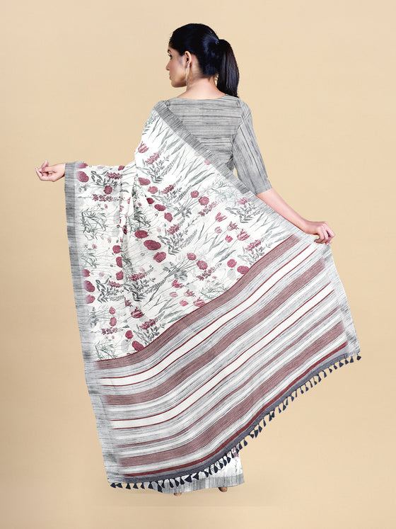 Semi Cotton Grey Flower Printed Saree CPS25